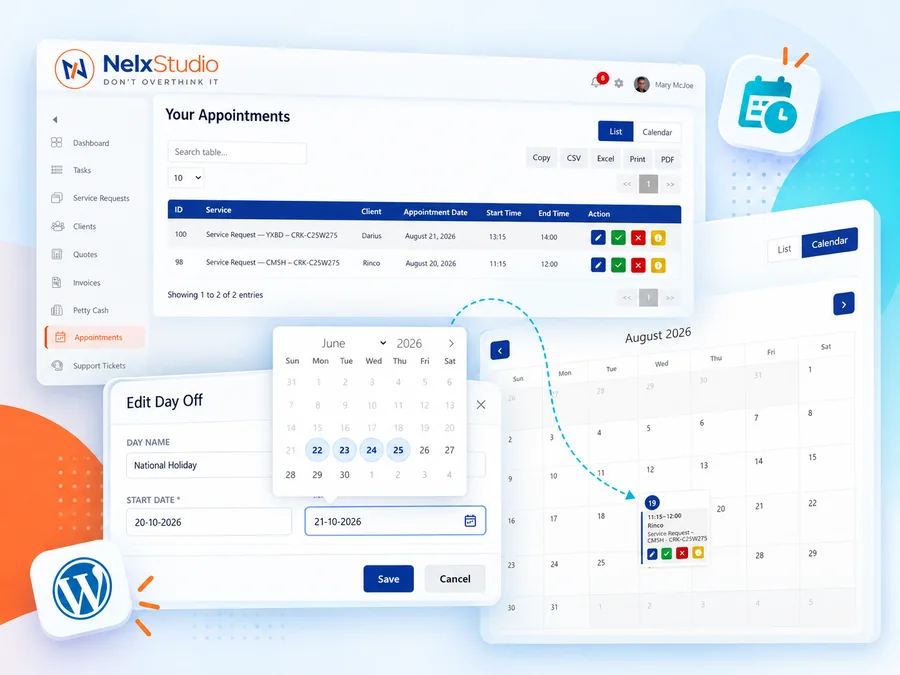 Nelx JetAppointments frontend appointment workspace showing appointment list, calendar and date controls