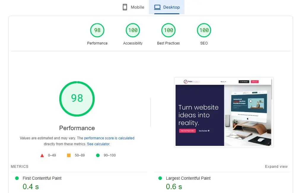 Nelxdesigns Website Desktop Performance Screenshot to illustrate website optimization for speed