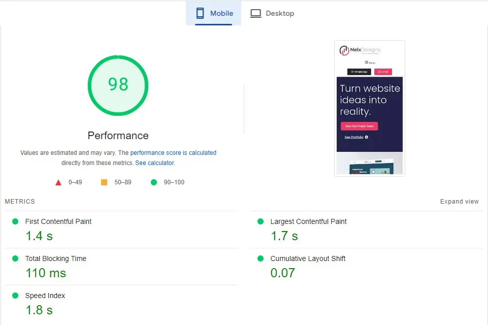 Nelxdesigns Website Mobile Performance Screenshot