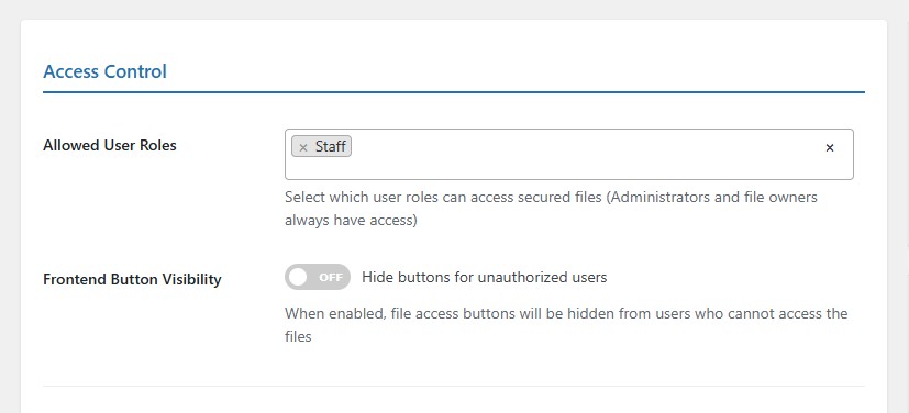 Access Control Settings - nelx secure docs plugin