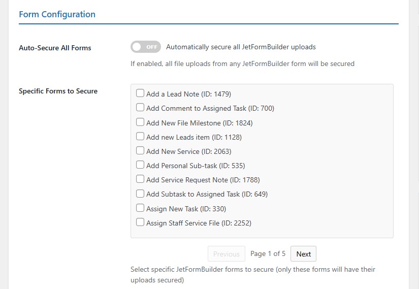 Form Configuration - nelx secure docs settings