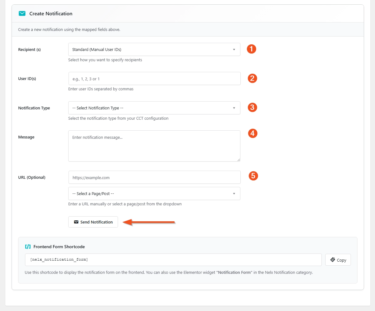 Nelx notifications system admin send notification backend form