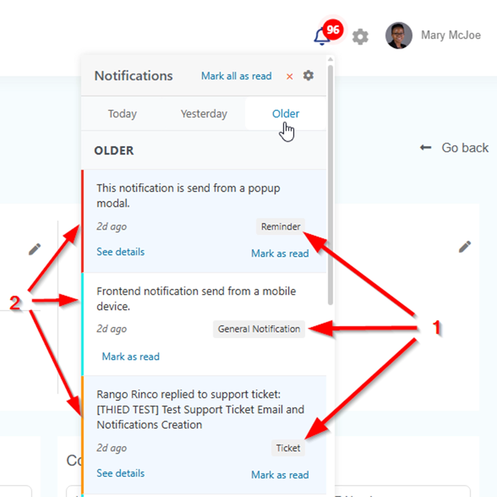 Nelx notifications system frontend dropdown types labels and left border