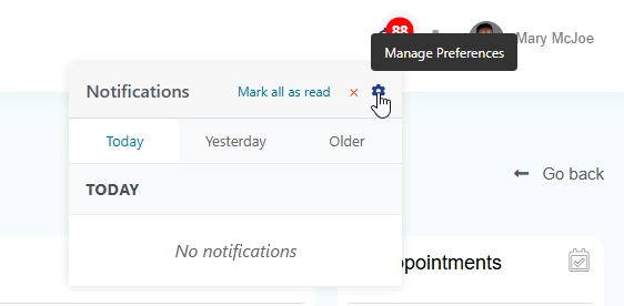Nelx notifications system manage preferences settings icon on notification bell dropdown