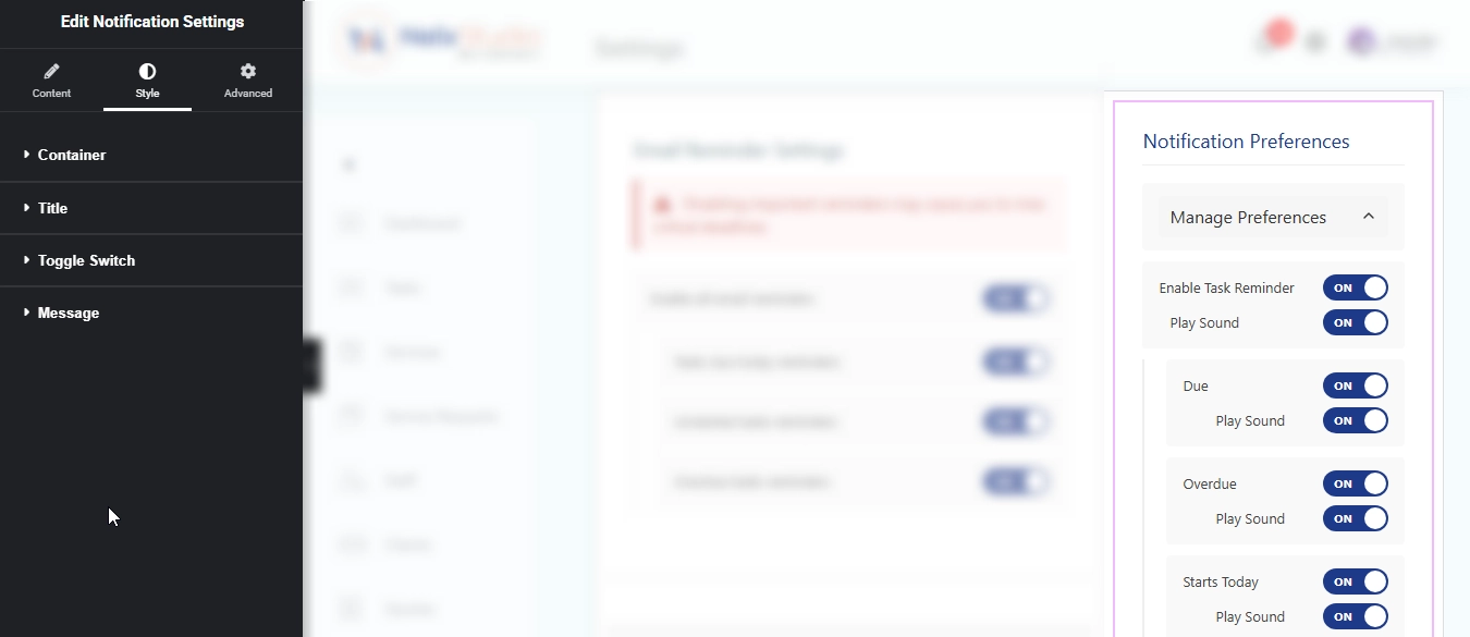Nelx notifications system manage preferences Elementor widget