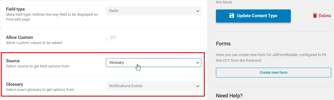 Select glossary as the radio field options source.