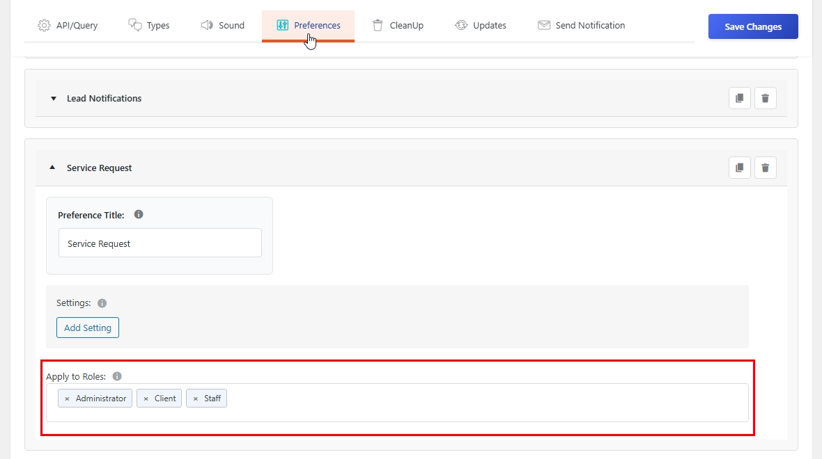 Nelx notifications system notification preferences roles settings