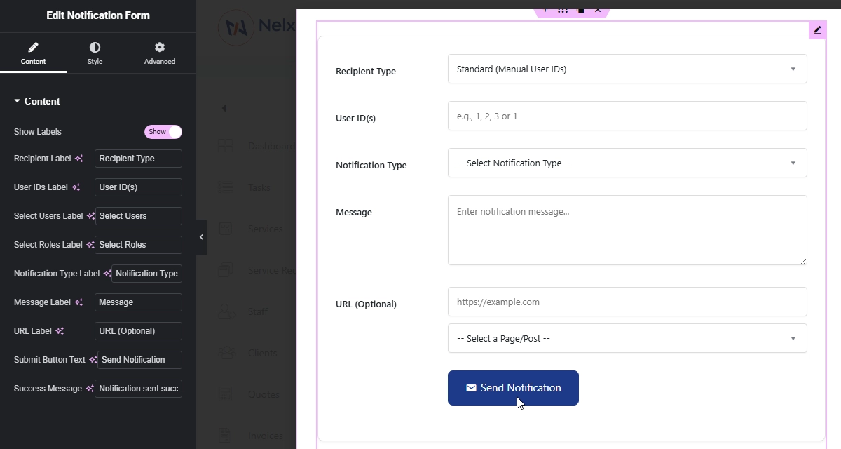 Nelx notifications system frontend send notification form Elementor widget