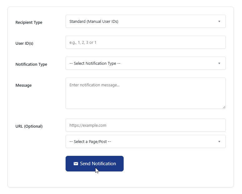 Nelx notifications system send notification frontend form