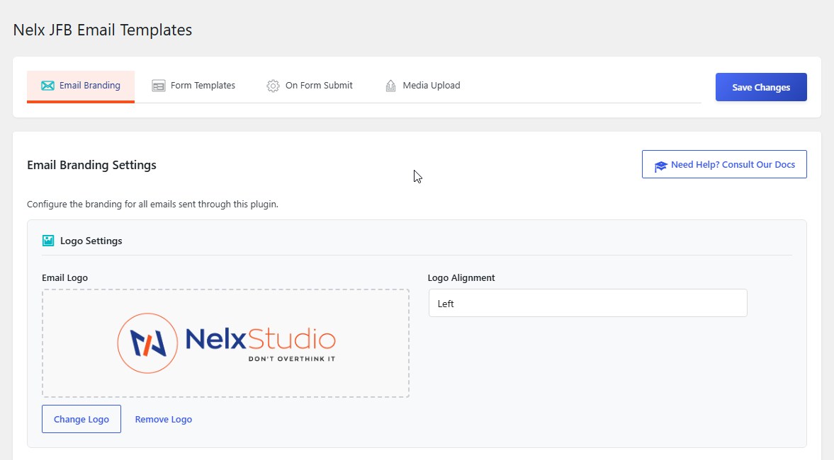 Nelx JFB Email Templates settings page