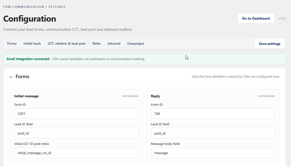 CRM communication settings