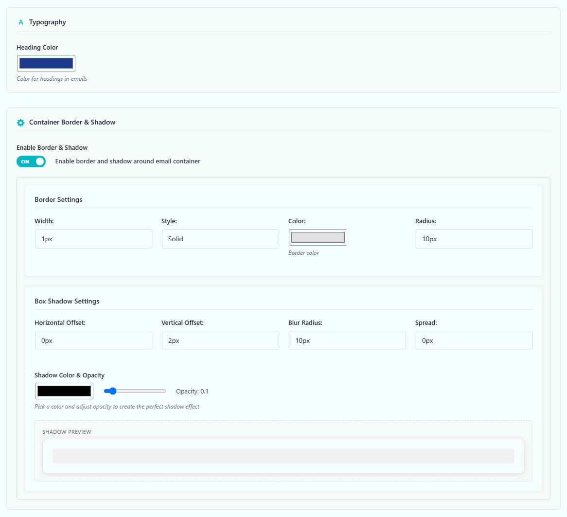 Email branding heading color, container border and shadow settings
