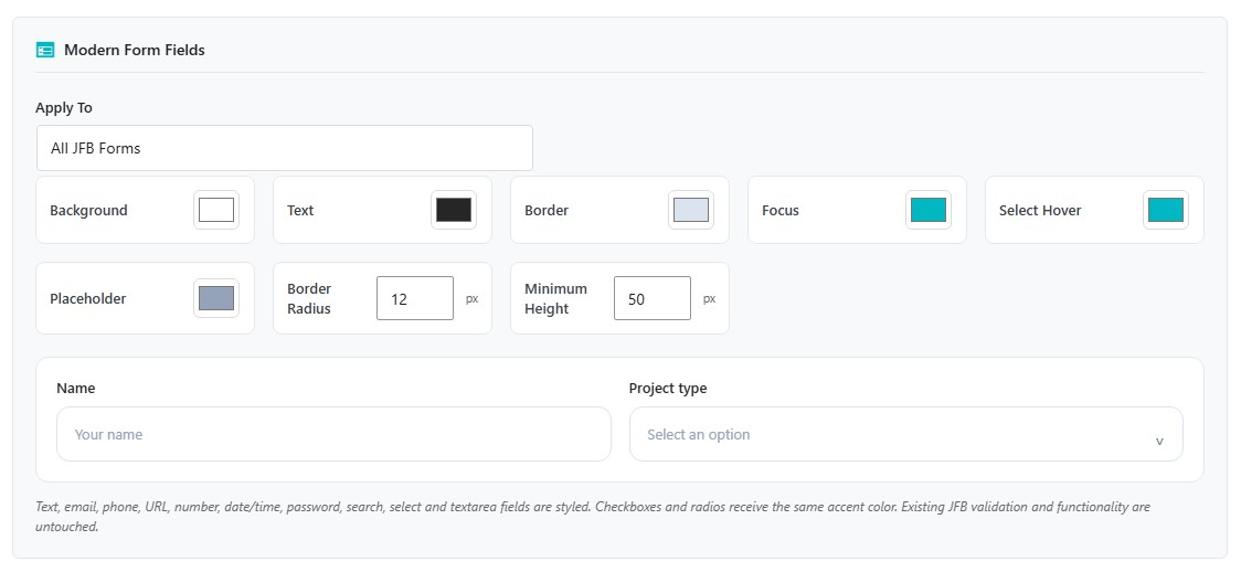 Modern form fields settings